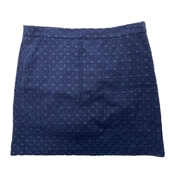 J Crew Factory Mini Skirt Womens 8 Navy Blue Eyelet Cotton Lined Straight 45712 - Picture 1 of 8
